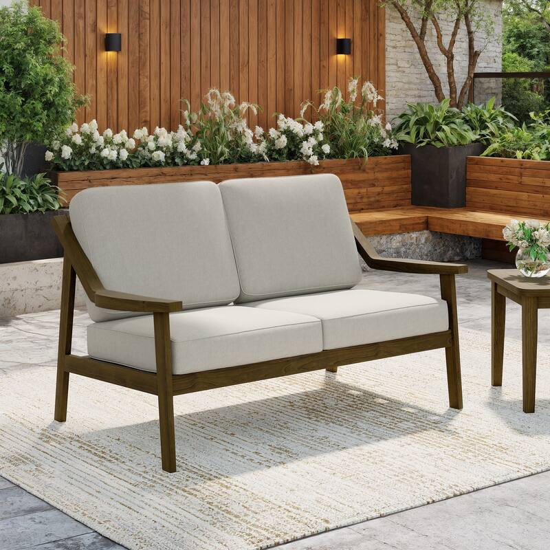 Solid Wood Outdoor Arm Chair Loveseat with Cushion - Brown/Light Camel - 1 Loveseat