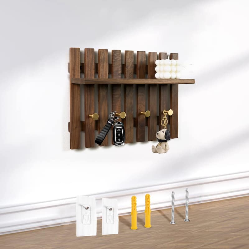Dark Solid Wood Wall Organizer With Tray Storage - 15.35" L