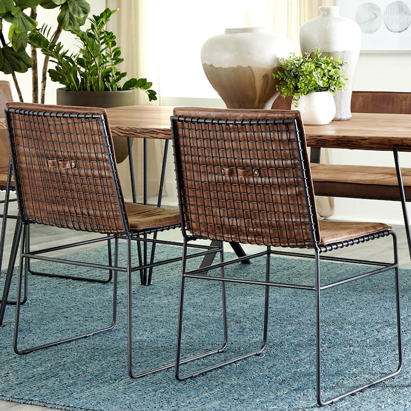 Vintage Brown Upholstered and Metal Frame Dining Chairs (Set of 2)