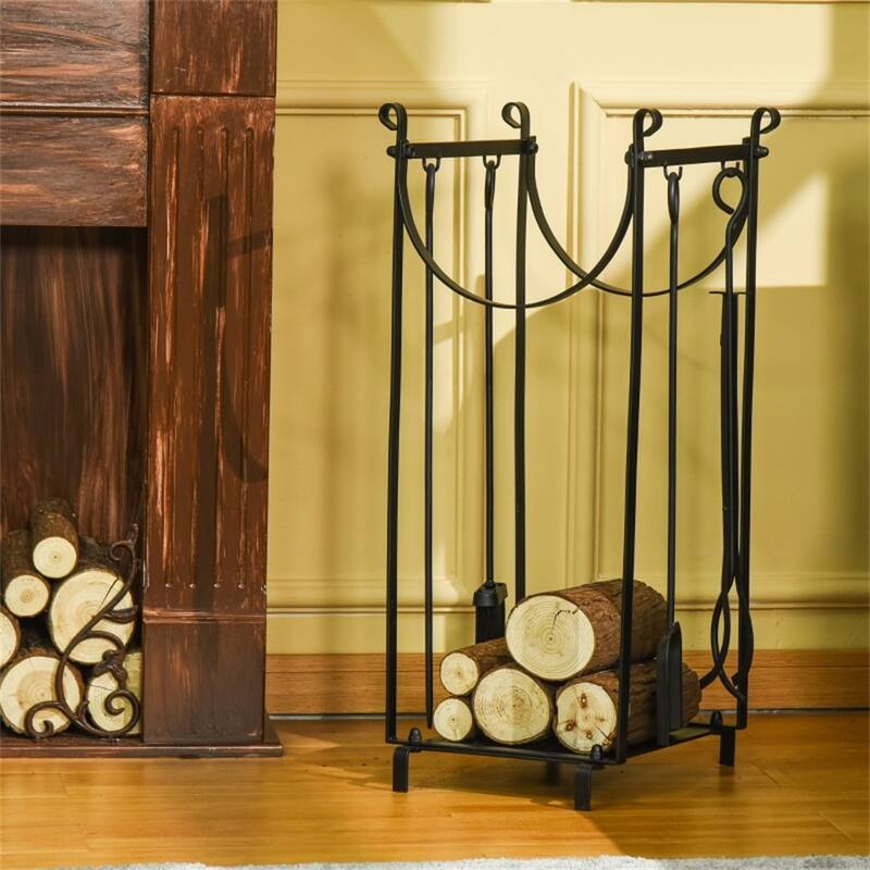 Black Steel Firewood Rack with Tools and Tall Multi-Tier Storage - 14.5" L x 13.75" W x 30.25" H