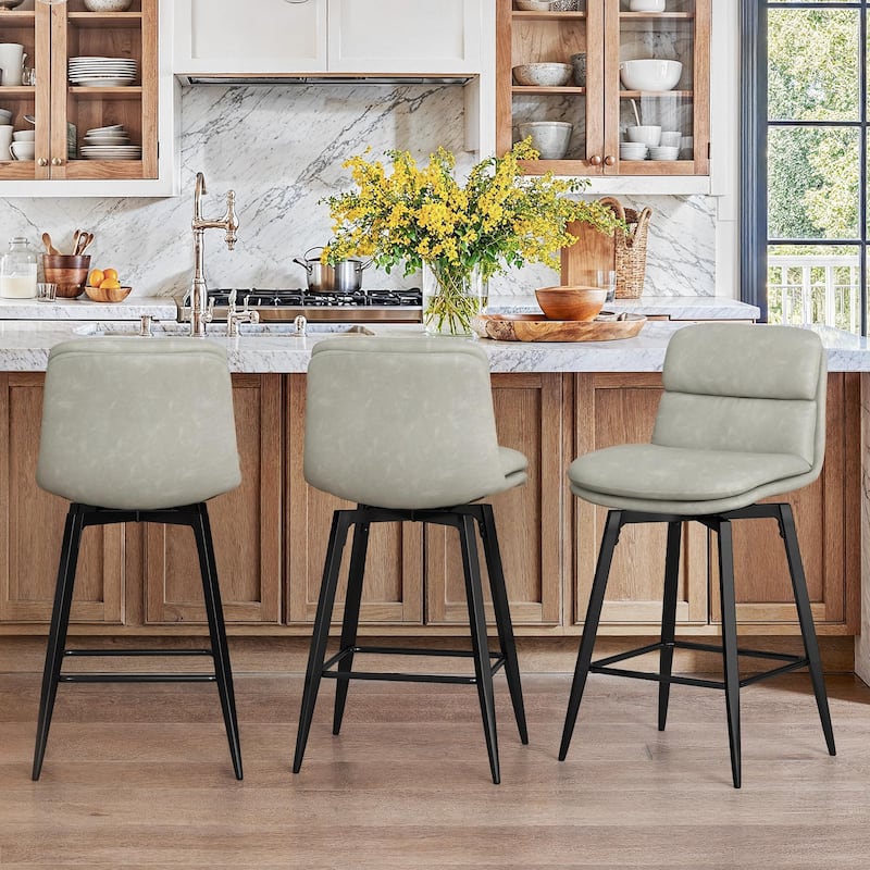 Upholstered Faux Leather Bar Stools with Back and Metal Legs Set of 2/3/4, 26" H Seat Height, 360° Swivel Bar Stools Brown - Grey - Set of 3