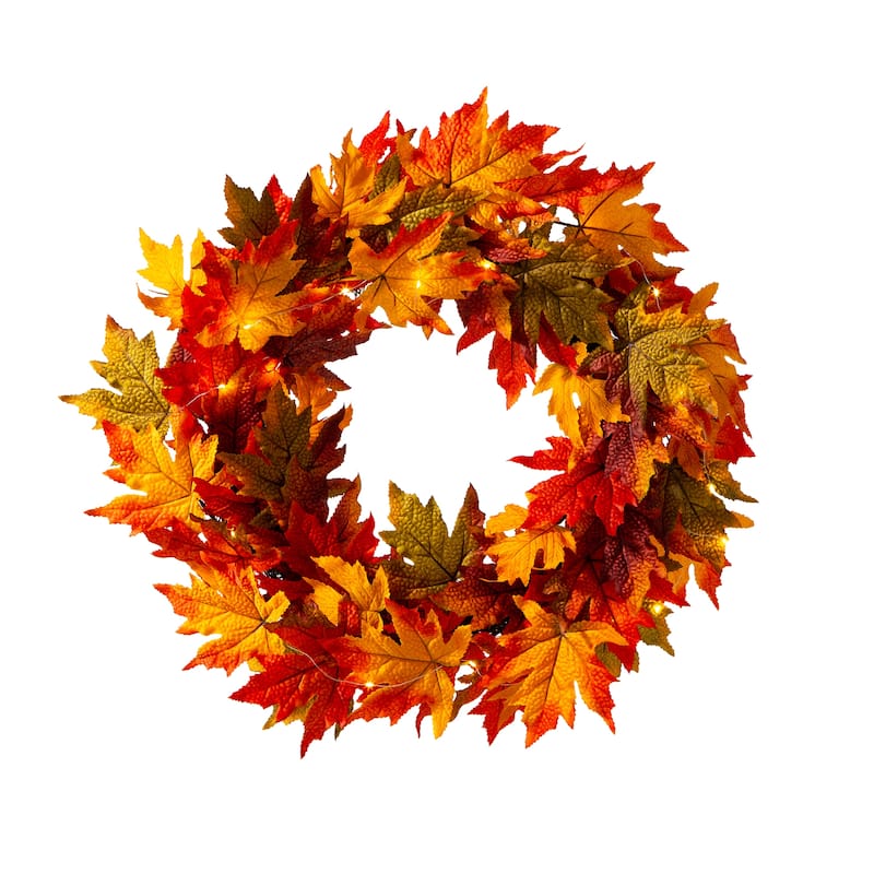 Glitzhome LED Lighted Fall Maple Leaves Wreath/Garland with Timer