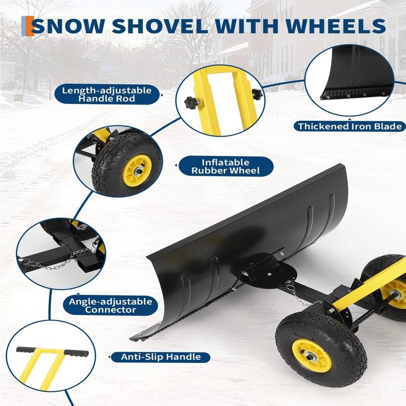 29x16.53 In Heavy Duty Rolling Snow Shovel With Wheels Double Armrests - 29x16.53 In