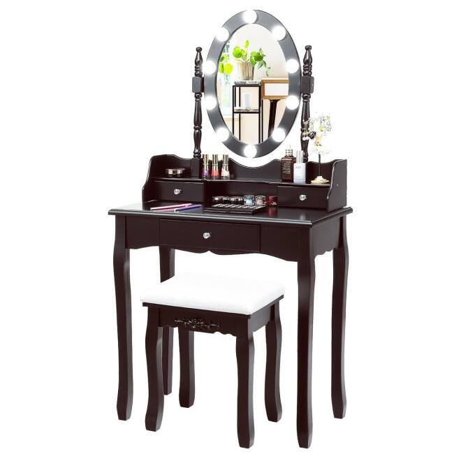 Oval Mirror Vanity Set with 10 LED Dimmable Bulbs and 3 Drawers - 29.5" x 16" x 56.5" (L x W x H)