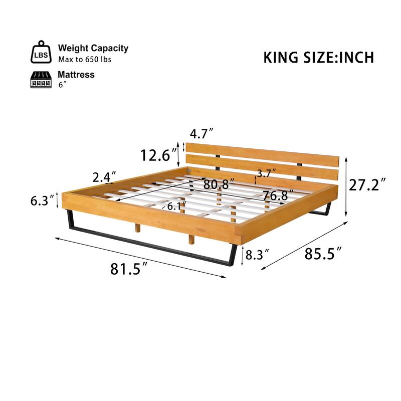 King Size Pine Wood Bed Frame with Black Iron Accents - Natural & Black