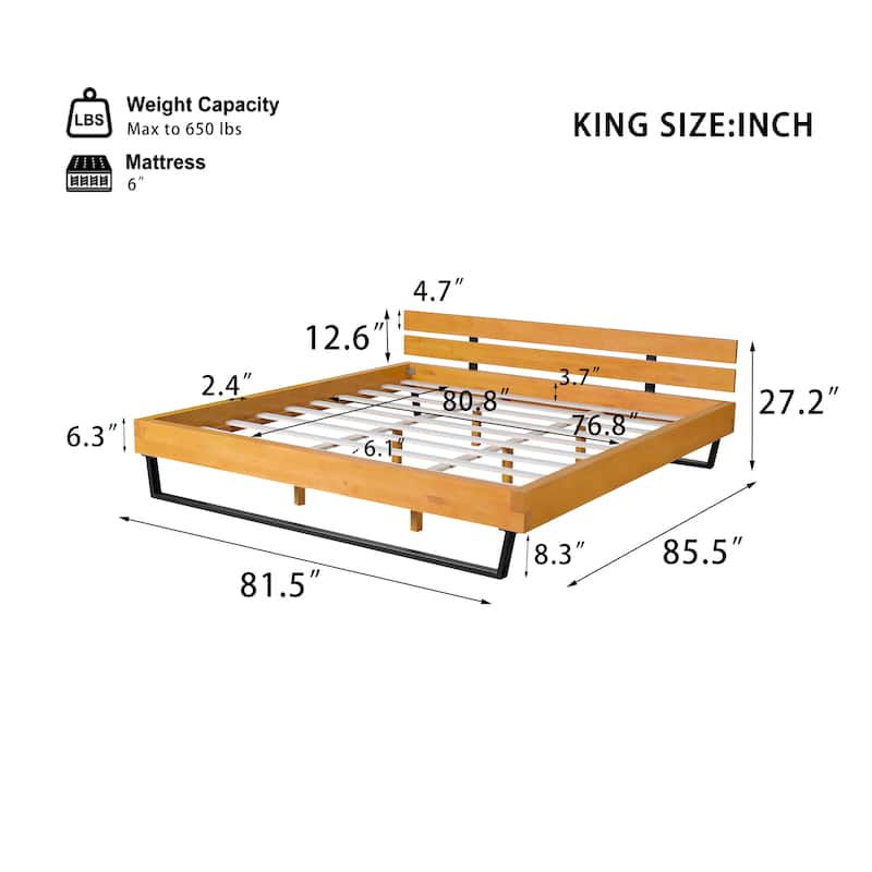 Natural Pine Wood Low-Profile Platform Bed Black Iron Supports Frame Bed with Wood Slat and Center Legs Support, Headboard