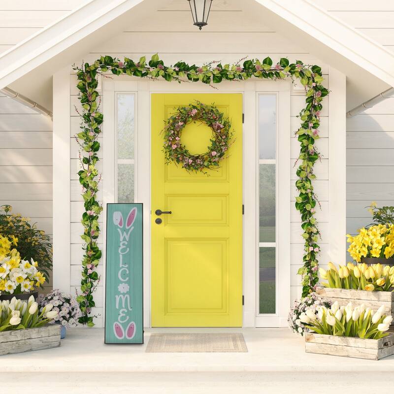 Fraser Hill Farm 45-In. WELCOME Porch Leaner Sign w/Battery-Operated LED Lights & Bunny Ears, Festive Spring Decoration, Blue