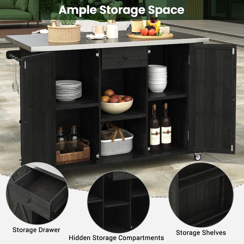 Outdoor Kitchen Island with Foldable Stainless Steel Top & Bottle Opener, Fir Wood Kitchen Island with Shelves and Towel Racks