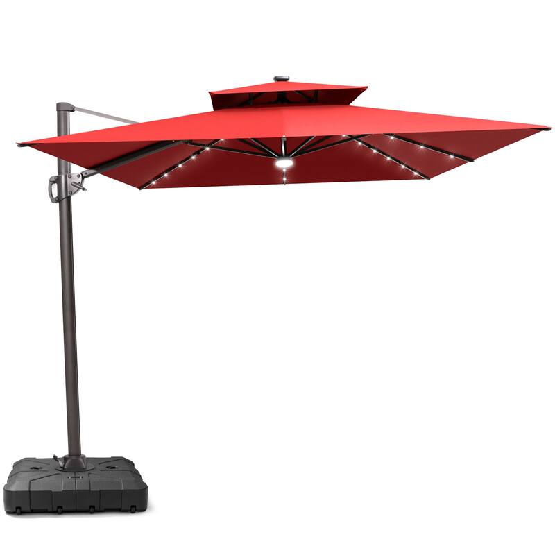 9 FT x 11 FT Outdoor Dual Top Patio Cantilever Umbrella LED Light with Wheel Base - Red
