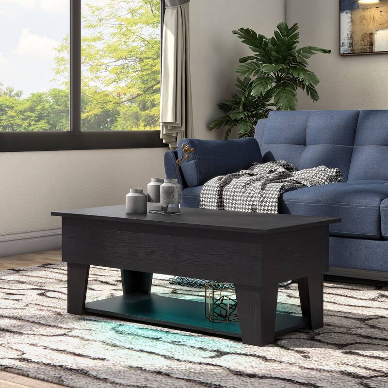 24/7 Shop At Home Modern 39-inch Lift-Top Coffee Table with 16 Colors LED Light and Hidden Storage