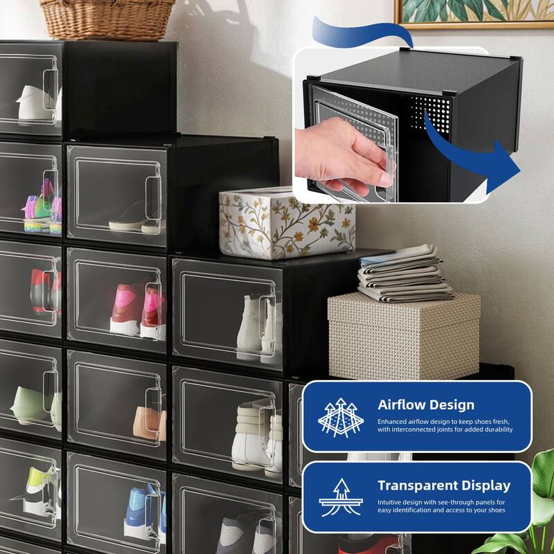 6/12/18 Pack Shoe Storage Box Plastic Stackable Shoe Organizer for Closet Foldable Sneaker Containers Bins Holders Racks
