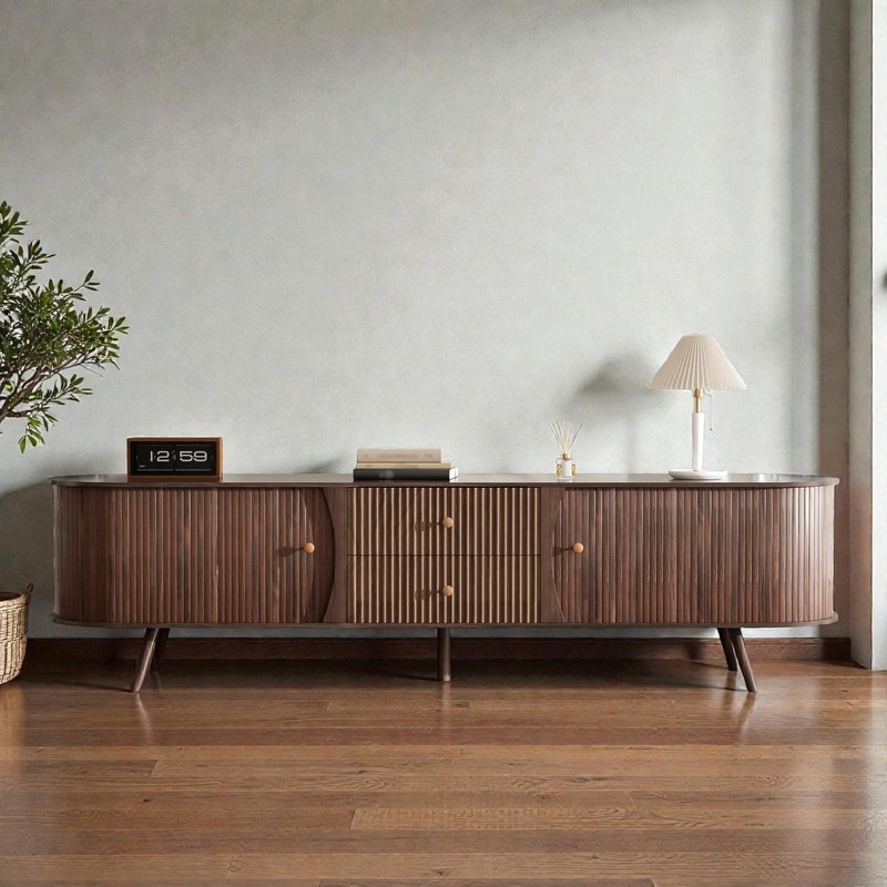 70" Mid-Century Modern TV Stand for TVs up to 80", Media Console with Tambour Doors & Fluted Drawers