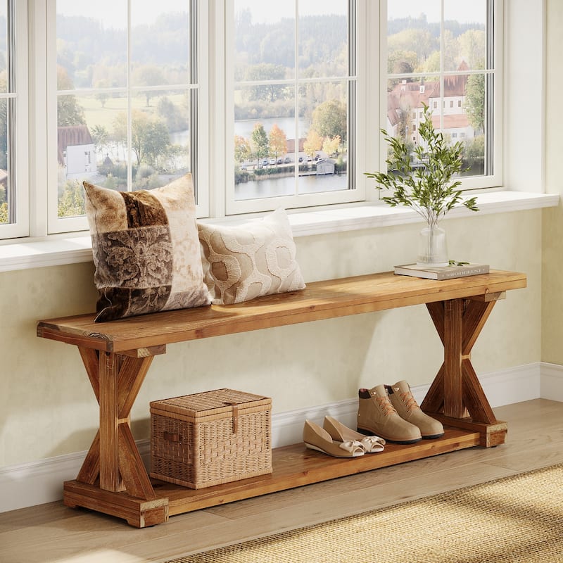 59 Inch Solid Wood Entryway Shoe Bench with Storage Shelves, Farmhouse Style - 59.06" W x 11.81" D x 17.72" H
