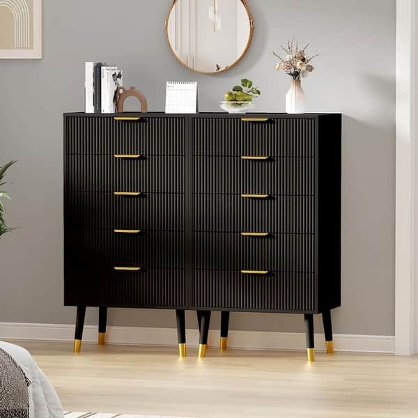 modern dresser unit Modern Dresser for Bedroom, Closet Dressers Chest Wood Storage Dresser Cabinet Organizer Unit Small Fluted Nightstands - Black