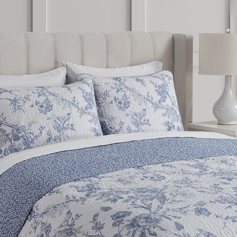 CEDAR COURT Chantilly Toile Floral All-Season Reversible Cotton Quilt Set