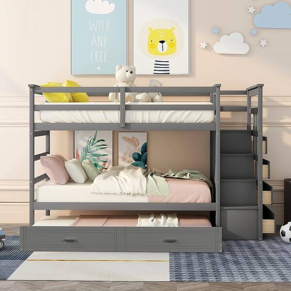 slide 2 of 39, Twin Over Twin Bunk Bed, Solid Wood Staircase 3-in-1 Bunk Bed Frame Grey - Twin