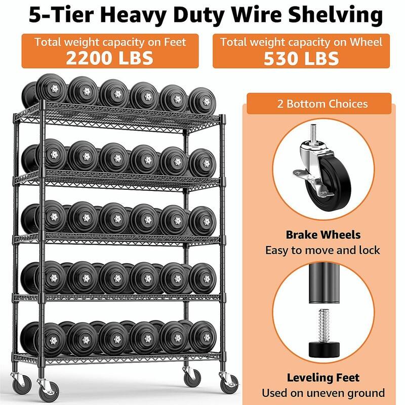 2200 LBS Heavy Duty Garage Shelving, 5-Tier Industrial Metal Shelving Unit for Basement, Pantry, Warehouse
