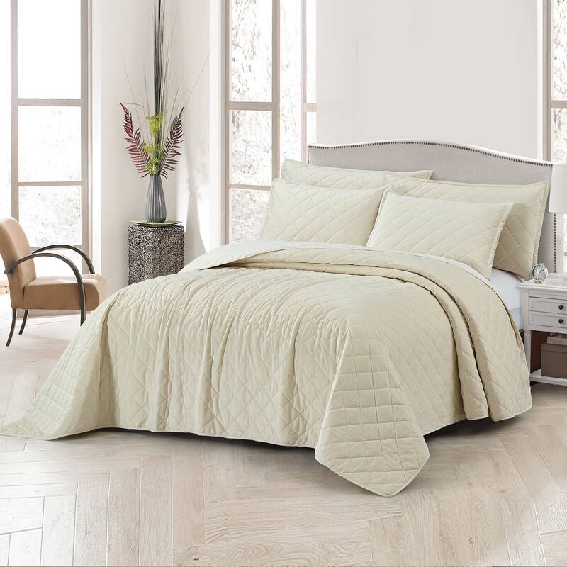 Serenta Velvet Quilts 5 Piece Ultra Soft Floor Touching Bedspread Set - gardenia