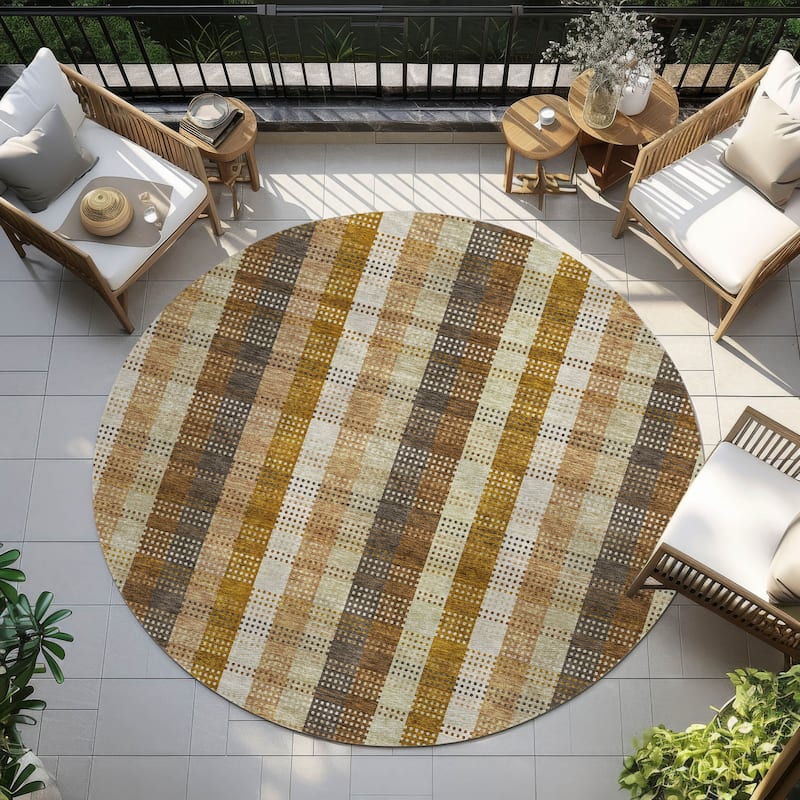 Machine Washable Indoor/ Outdoor Modern Plaid Chantille Rug - Wheat - 8' x 8'