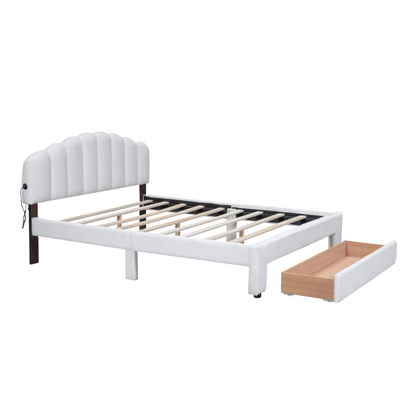 HomeRoots White Tufted Boucle Lighted Queen Bed Frame With USB And Drawer