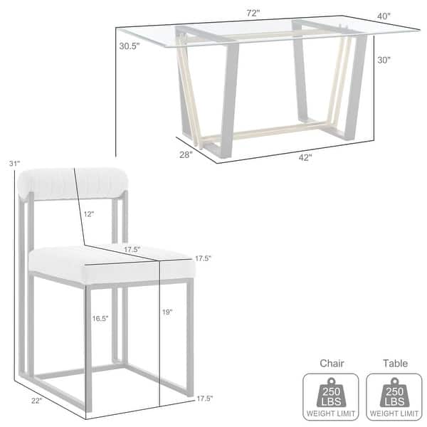 Kai Anastasia 7 Piece Rectangular Glass Dining Table Set with Metal Frame and Upholstered Chairs