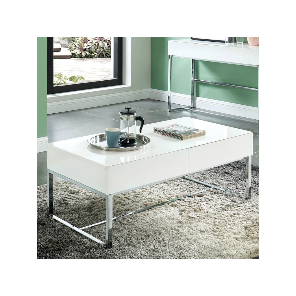 Metal and Wood Coffee Table With Low Profile Drawers, White