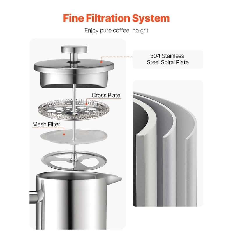 Silver Stainless Steel French Press Coffee Maker Portable