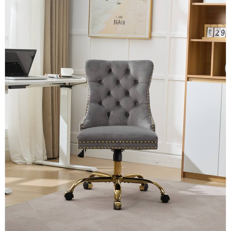 Modern Velvet Swivel Office Chair with Tufted Back/Golden Metal Base