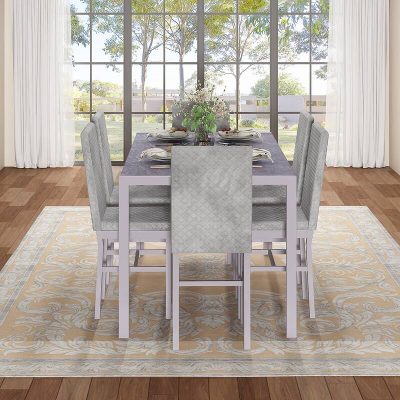 Grondin 7-Piece Dining Room Table Set, Modern Contemporary Style Dinning Table Set with Tempered Glass Top and Upholstery Chairs