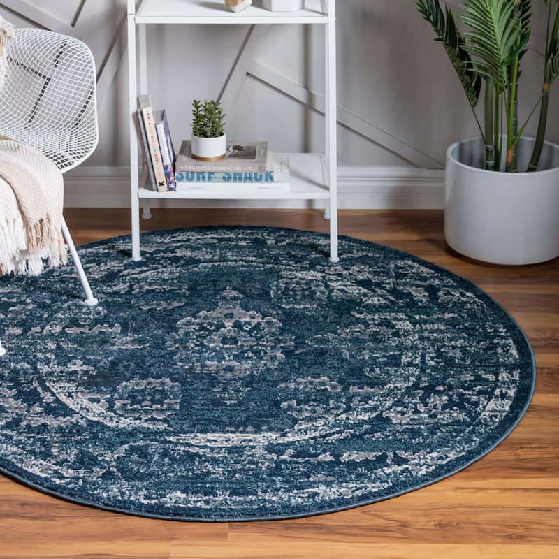 Contemporary Synnove Collection Area Rug - 5' Round - Navy Blue