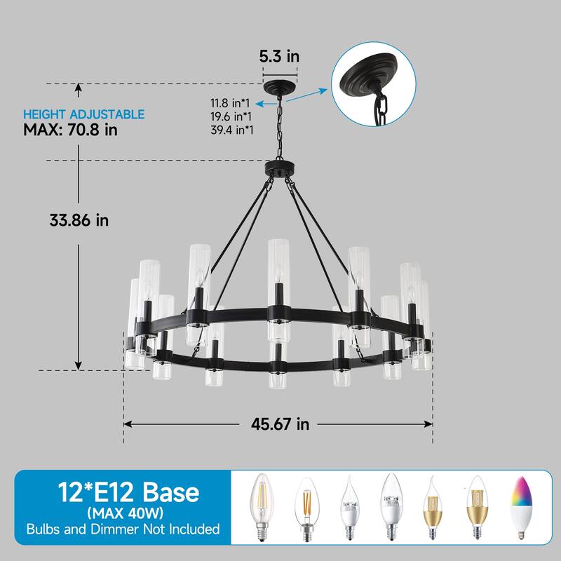 43.3''Matte Black Wagon Wheel Chandelier With 12 Lights (No Bulbs)