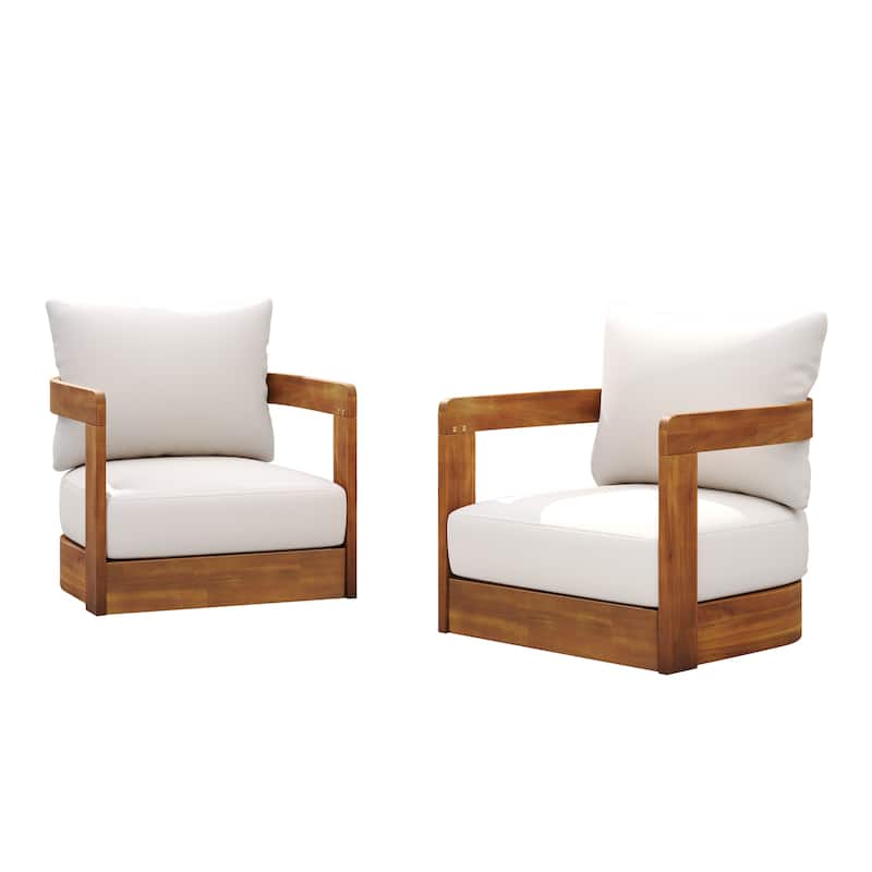 Roomfitters Outdoor Club Chair, Premium Acacia Wood Patio Furniture with Curved Tub Design and Cushions, Beige+Teak