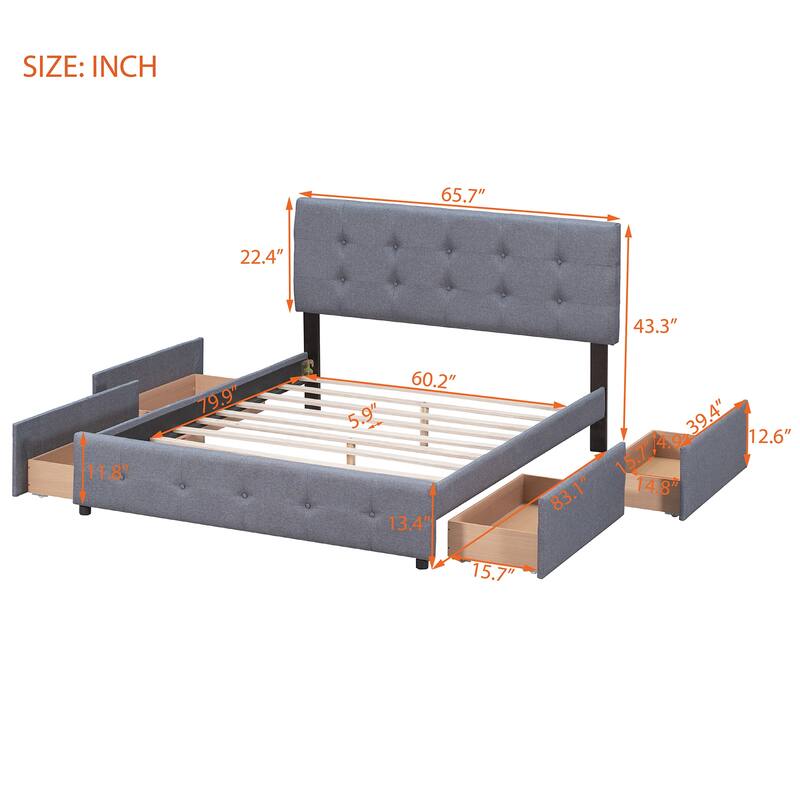 Dark Grey Tufted Design Upholstered Bed Queen Size Platform Bed with 4 Storage Drawers, No Box Spring Needed Slats Bed Frame