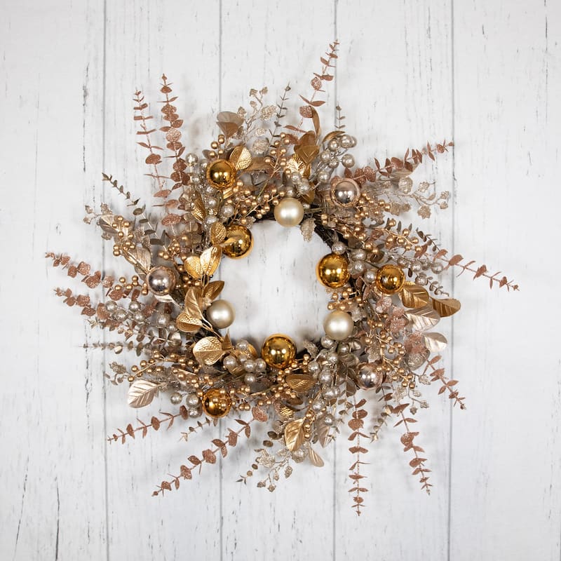 Ornaments, Holly and Berries Artificial Christmas Wreath - 30" - Gold and Copper Tone