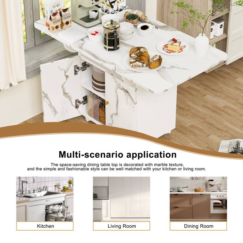 Mobile Kitchen Island with 6 Wheels 47 Inch Wooden Folding Dining Table with Storage Shelves and Cabinets Kitchen Storage Cart
