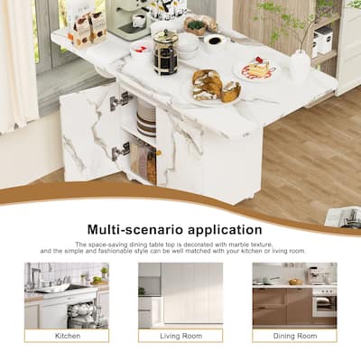 Multi-Functional Foldable Dining Table with Marble Surface and Drawers Lockable Wheels for Small Spaces