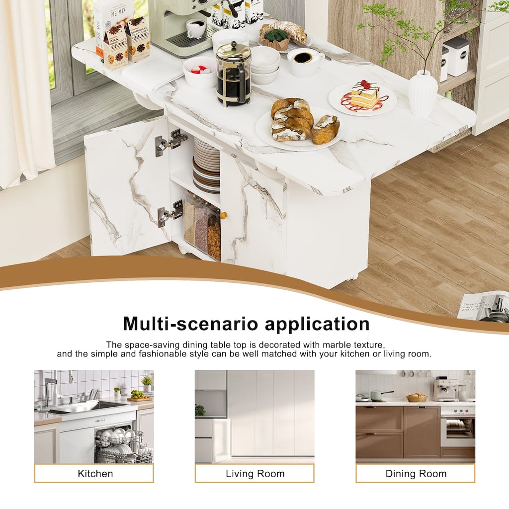 Multi-Functional Foldable Dining Table with Marble Surface and Drawers Lockable Wheels for Small Spaces