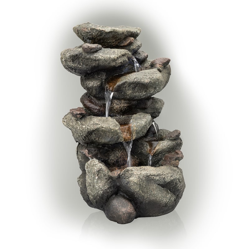 Alpine Corporation 14" Tall Indoor/Outdoor Tiering Rainforest Rock Waterfall Tabletop Fountain with LED Lights