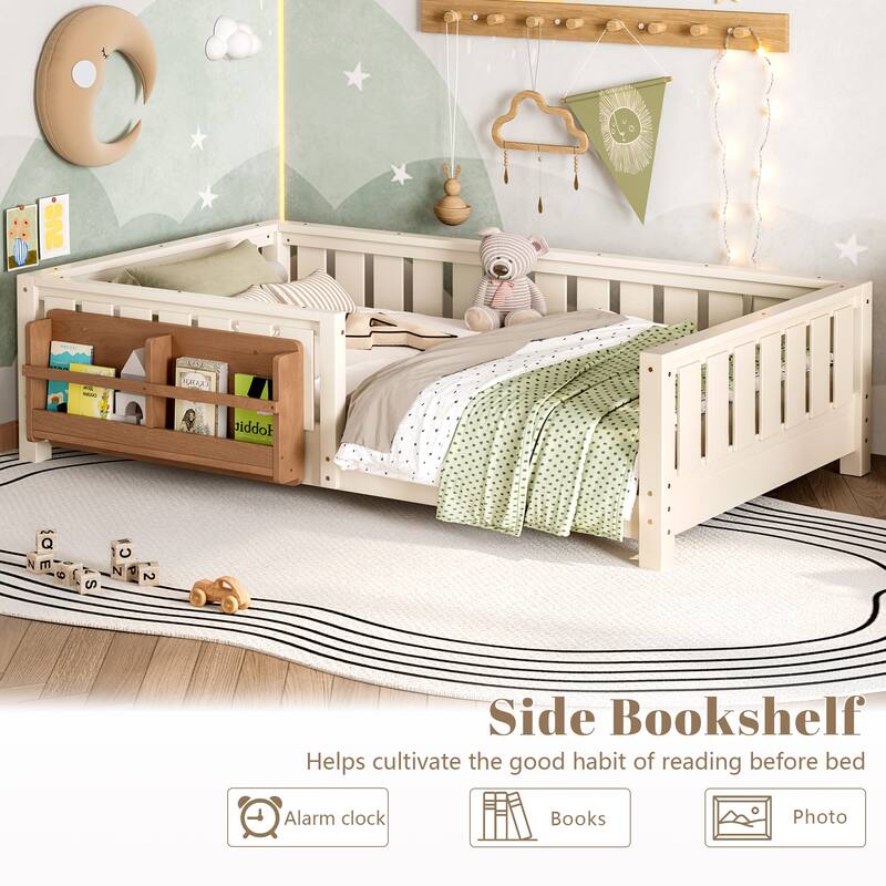 Montessori Floor Bed Low Profile Kids Bed with Rails & Bookshelf
