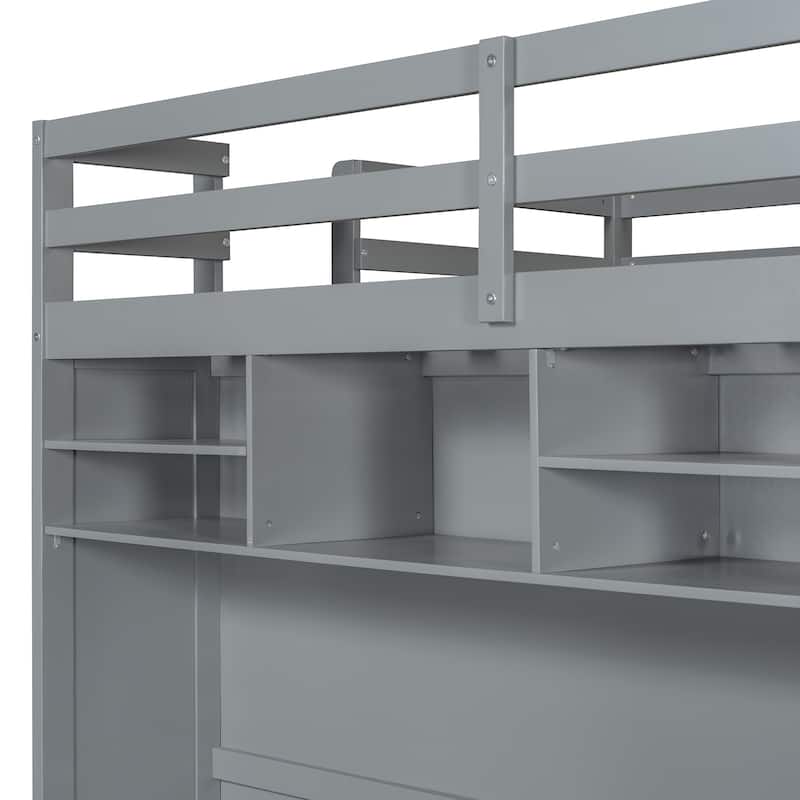 Full Size Loft Bed with Drawers, Shelves, and LED Light - Gray