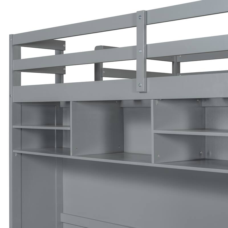 Full Size Loft Bed with TV Stand and Drawers, Teens Kids Storage Bed Frame with Shelves, Wardrobe and LED Light