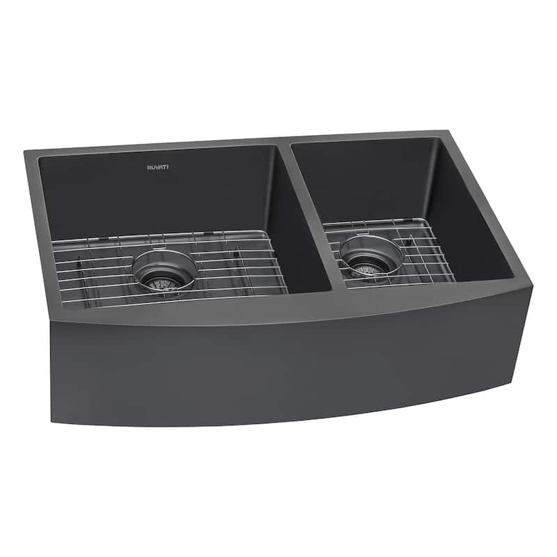 Ruvati 33-inch Gunmetal Black Stainless Steel 60/40 Double Bowl Apron-Front Farmhouse Kitchen Sink -