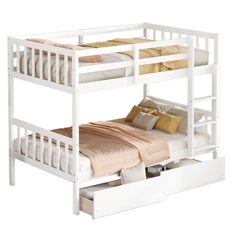 Convertible Twin Bunk Bed with 2 Drawers, Safety Rails & Ladder, White Rubber Wood Frame
