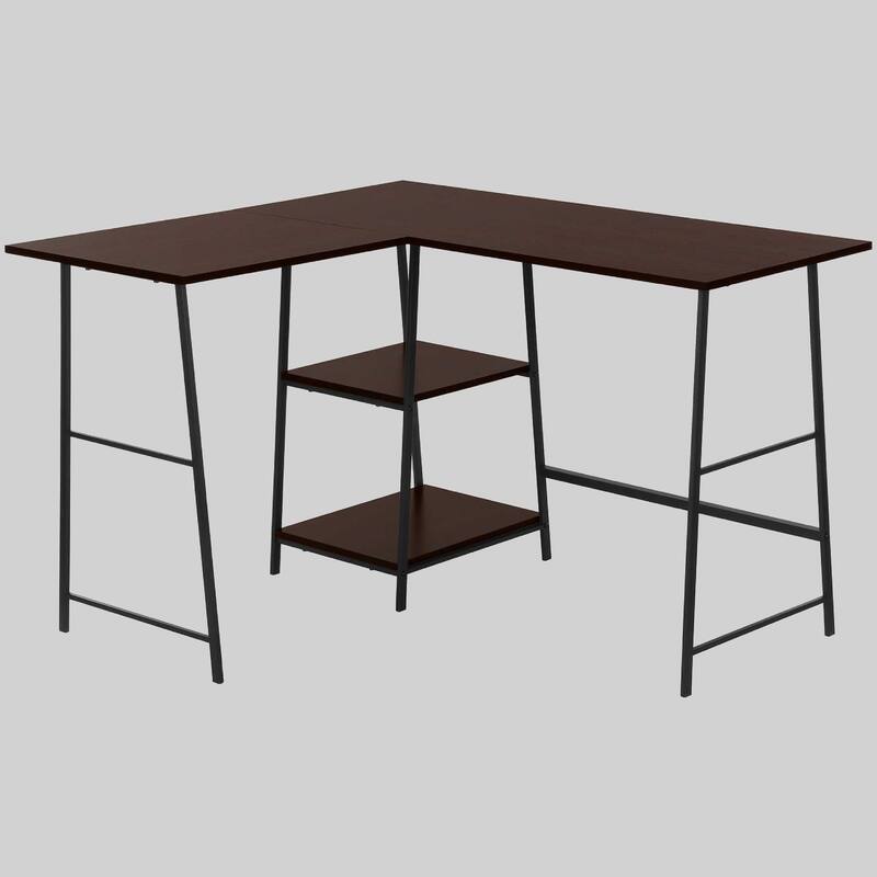 Modern 48" L-Shaped Desk with Storage Shelves, Metal Sawhorse Legs, Corner Desk for Home Office - Espresso
