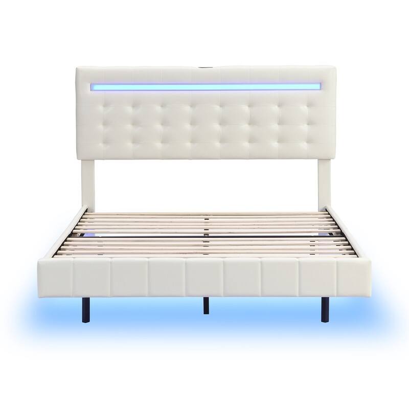 Full/Queen Size Platform Bed, Queen Floating Bed Frame with LED Lights