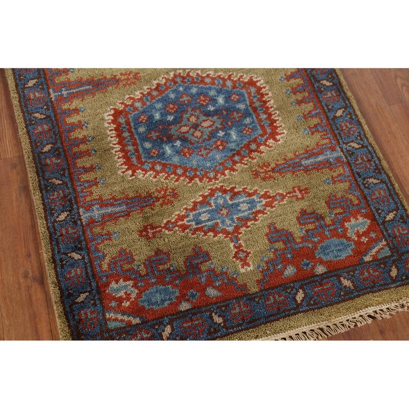 Green Geometric Viss Indian Runner Rug Hand-Knotted Wool Carpet - 2'6"x 9'7"