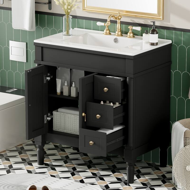 30" Elegant Bathroom Vanity Set with Ceramic Sink - Solid Wood & MDF, 2 Doors & 3 Drawers, Soft-Close, Adjustable Shelf - Black
