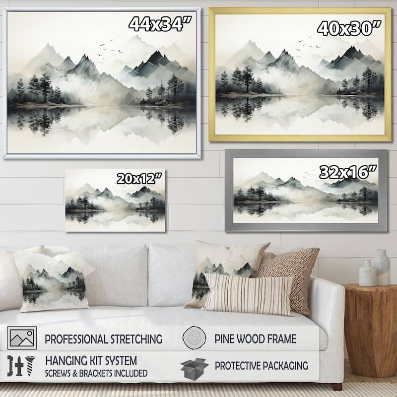 Designart "Watercolor Lake And Forest Dream I" Landscape Mountains Framed Canvas Wall Art