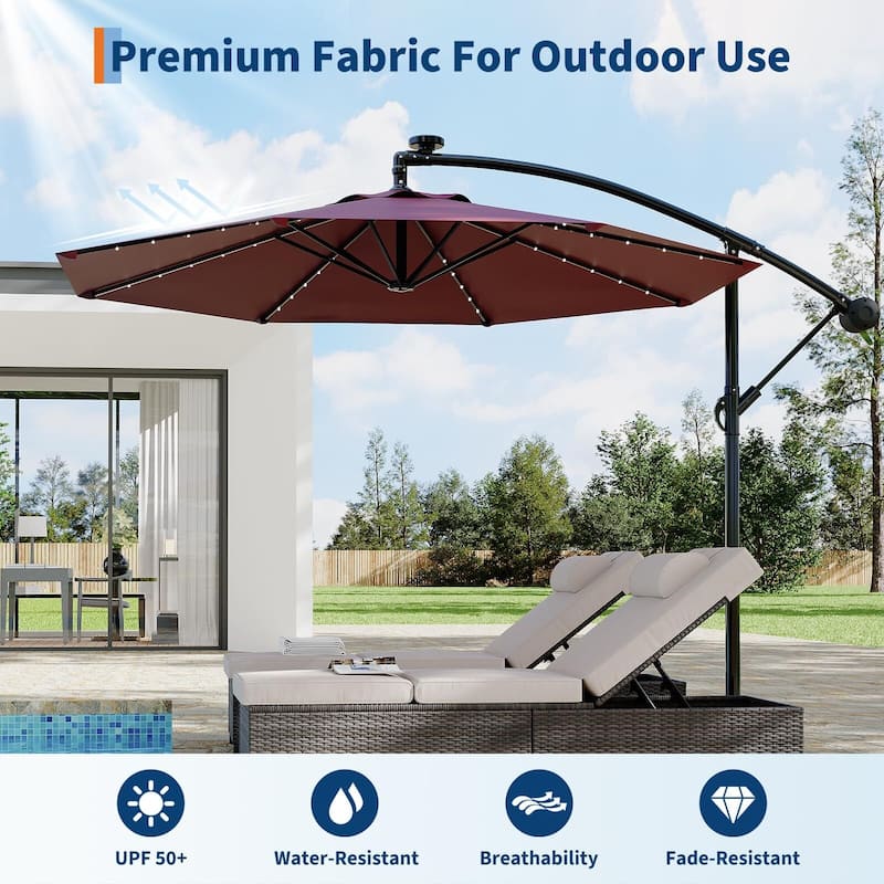 Coromose 10FT Solar Cantilever Patio Umbrella, 8 Ribs, 32 LED Lights - Claret