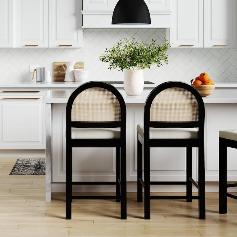 Bailey Boucle Upholstered Rattan Bar Stool or Counter Height Stool with Natural Rattan Woven Back For Kitchen Island